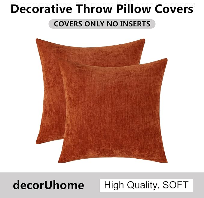 decorUhome Soft Chenille Rust Throw Pillow Covers 20X20 Set of 2 | Decorative Fall Couch Pillow Covers Solid Dyed Accent Modern Farmhouse Neutral Square Pillow Cases for Sofa
