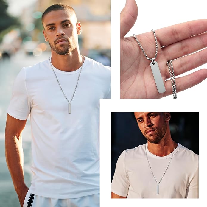 Fathers Day Personalized Vertical Bar Pendant Necklace - Custom Name Text Necklace Customized Stainless Steel Memorial Necklace Dad Gifts for Men