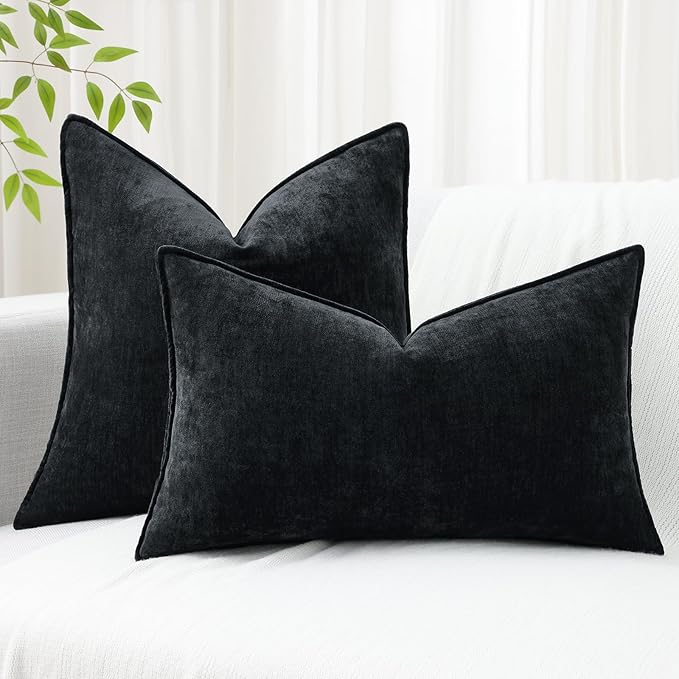 decorUhome Chenille Black Velvet Throw Pillow Covers 12x20 Set of 2 | Fall Soft Lumbar Couch Decorative Modern Farmhouse Pillow Cases with Elegant Design for Sofa Bed Living Room Home Decor