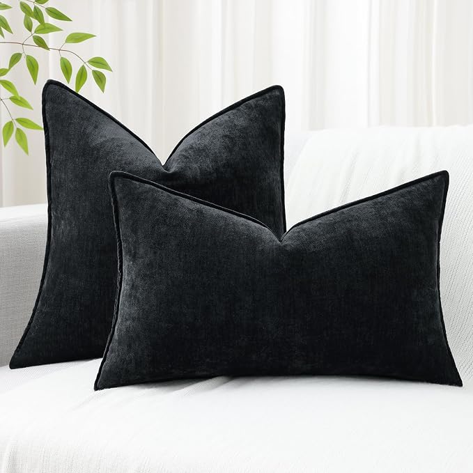 decorUhome Chenille Black Velvet Throw Pillow Covers 26x26 Set of 2 | Fall Soft Euro Sham Couch Decorative Modern Farmhouse Pillow Cases with Elegant Design for Sofa Bed Living Room Home Decor