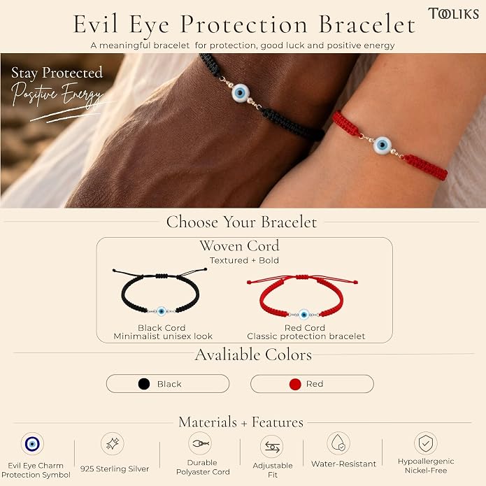 Evil Eye Bracelet for Men Women, Sterling Silver Protection Bracelet, Adjustable Black or Red Woven Cord Bracelet, Good Luck Jewelry Gift