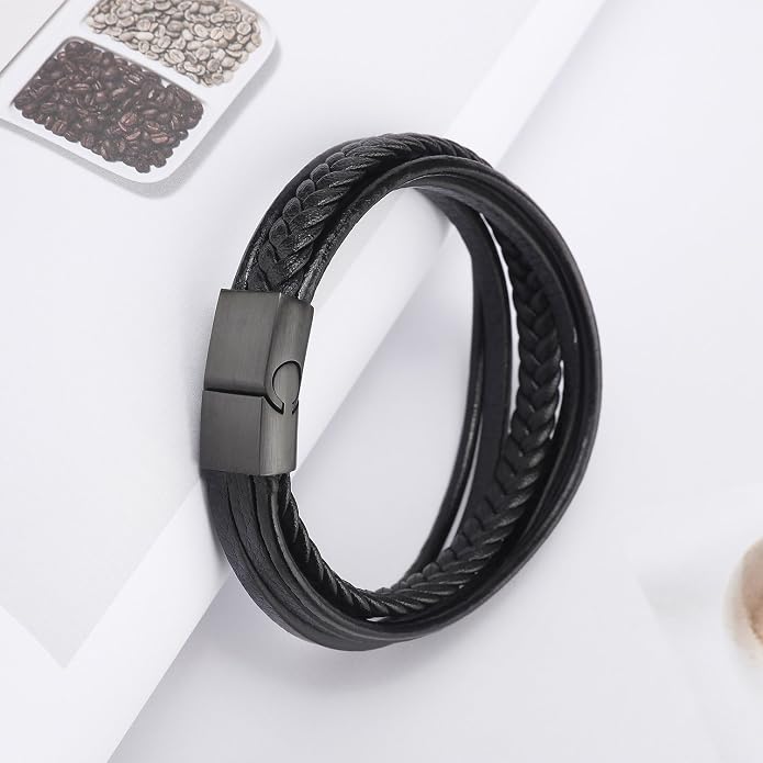 murtoo Mens Leather Bracelet with Clasp Cowhide Multi-Layer Braided Leather Mens Bracelet