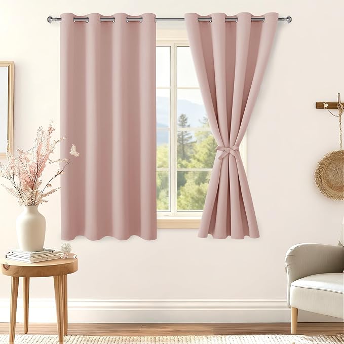 Hiasan Blackout Curtains for Bedroom - Thermal Insulated Light Blocking Window Curtains for Living Room/Kids Room, 2 Drape Panels Sewn with Tiebacks, Blush, 52 x 45 Inch