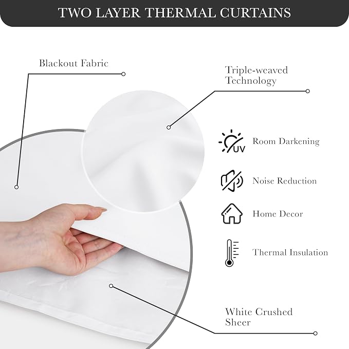 PONY DANCE Pure White Curtains with Sheer Overlay, Grommet Thermal Insulated Mix & Match Double Layer Window Curtains for Living Room, 2 Drape Panels Sewn with Tiebacks, 52W X 63L