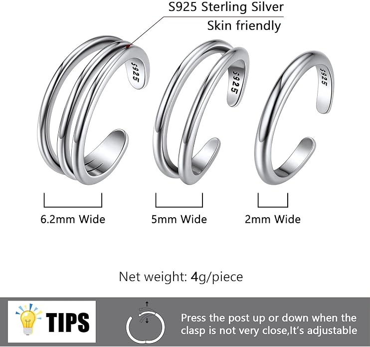 SILVERCUTE Toe Ring, Chic 925 Stamped Toe Ring, Band/Leaf Toe Ring, Sterling Silver Open Adjustable Toe Ring Set, Adjustable Pinky Rings