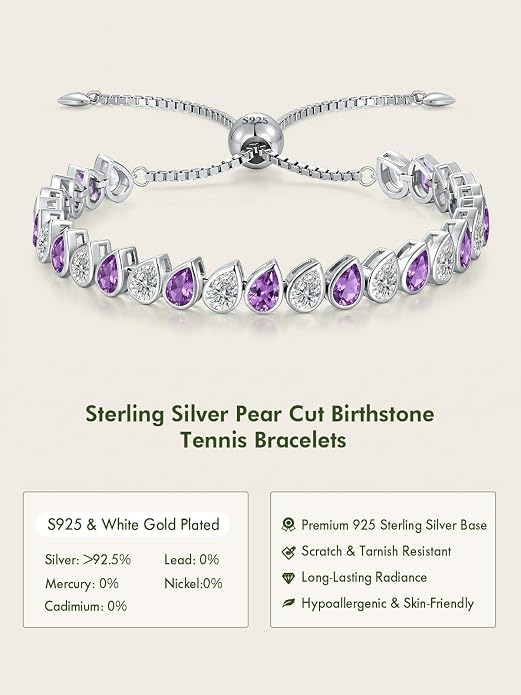 Birthstone Tennis Bracelet for Women 925 Sterling Silver Pear Shaped Gemstone Inlaid White Gold Plated Adjustable Chain Gifts for Mom Wife