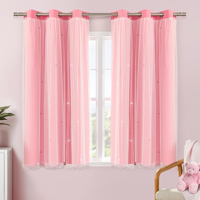 XiDi Pink Curtains for Girls Kids Bedroom 2 Panels Pink Blackout Curtains with Sheer Overlay for Nursery Kids Room Star Double Layer Drapes with Tiebacks Grommet Small Window Treatment 42WX54L