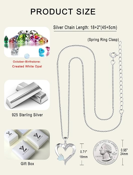 YL Heart Necklace 925 Sterling Silver Love Heart Pendant Birthstone Jewelry for Women