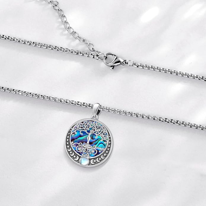 Sterling Silver Tree of Life Necklace for Women Oval Family Tree Necklace Abalone Shell Moonstone Pendant Mother Day Necklace for Mom Tree of Life Jewelry