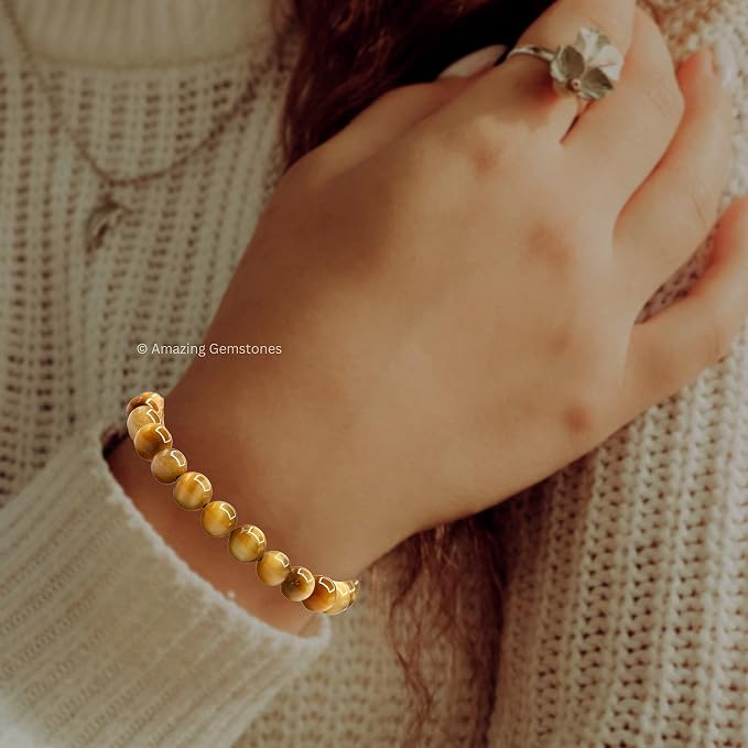 Amazing Gemstone Yellow Cat's Eye Bracelet for Women Men's Gifts - Protection Healing Crystal Bracelet - 8mm Gemstone Beaded Adjustable Bracelet