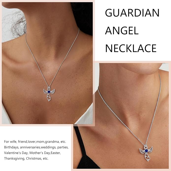 925 Sterling Silver Guardian Angel Pendant Necklace for Women - Birthstone Cubic Zirconia, 18" Chain, Gift for Her