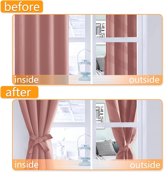Hiasan Room Darkening Curtains for Bedroom, 70 x 84 Inches - Thermal Insulated & Energy Saving Window Drapes for Living Room/Dorm Room, Set of 2 Panels Sewn with Tiebacks, Dusty Rose