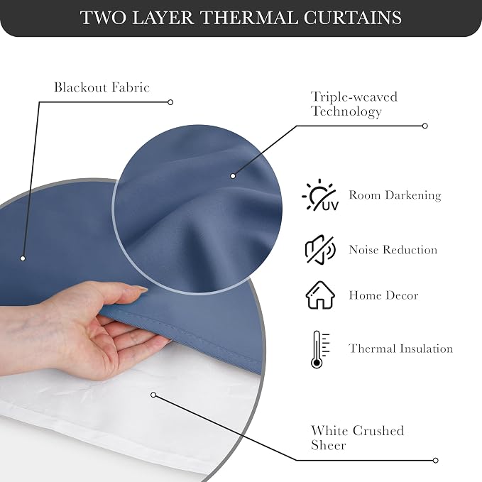 PONY DANCE Sheer Blackout Curtains - Thermal Insulated Double Layered Drapes for Bedroom Dining Room, Cortinas para Sala, 52 Wide by 63 Long, Blue Haze, 2 PCs