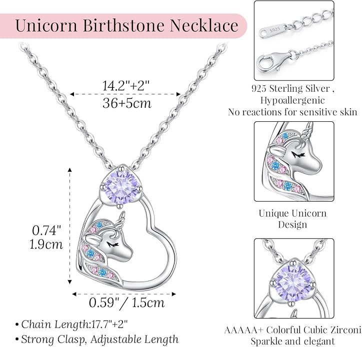 CDE Christmas Gift for women Cute Unicorn Birthstone Necklace for Girls Daughter 925 Sterling Silver Opal Heart Pendant Graduation Birthday Christmas Jewelry Gift for Teenage Girls Niece