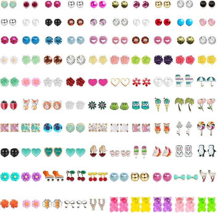 NEWITIN 100 Pairs Colorful Cute Earrings for Girls Sensitive Ears Hypoallergenic Girl Stud Earrings Set Stainless Steel Cartoon Stud for Girls and Women