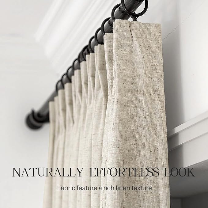 Pinch Pleated Curtains 100% Blackout Linen Curtains 84 Inches Long for Bedroom Living Room, Natural Memory Trained Thermal Insulated Room Darkening Window Pleat Drapes with Hooks, 1 Panel, 70"Wx84"L