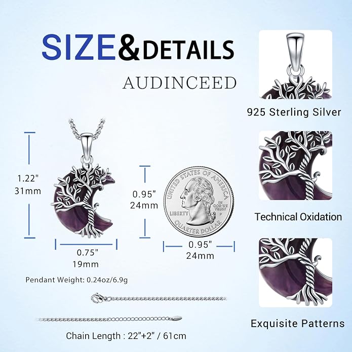 925 Sterling Silver Tree of Life Necklace, Crescent Moon Pendant with Amethyst, Moon Crystal Healing Jewelry Gift for Women