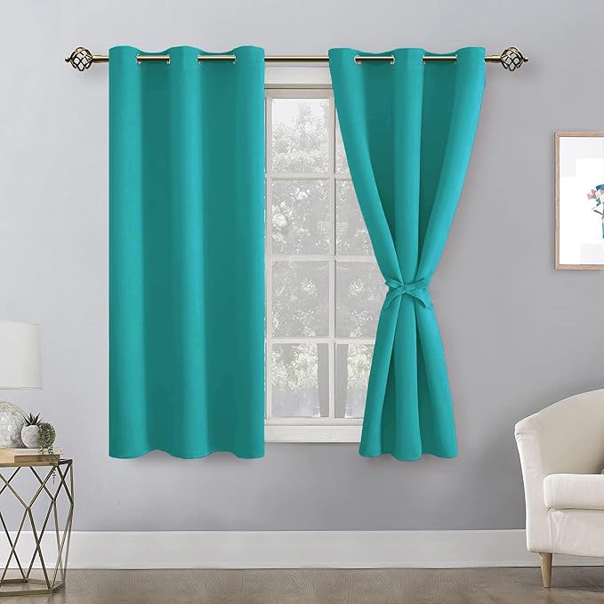 Hiasan Short Blackout Curtains for Bedroom - Thermal Insulated & Energy Saving Window Curtains for Living Room, 2 Drape Panels Sewn with Tiebacks, Peacock Teal, 38 x 45 Inch