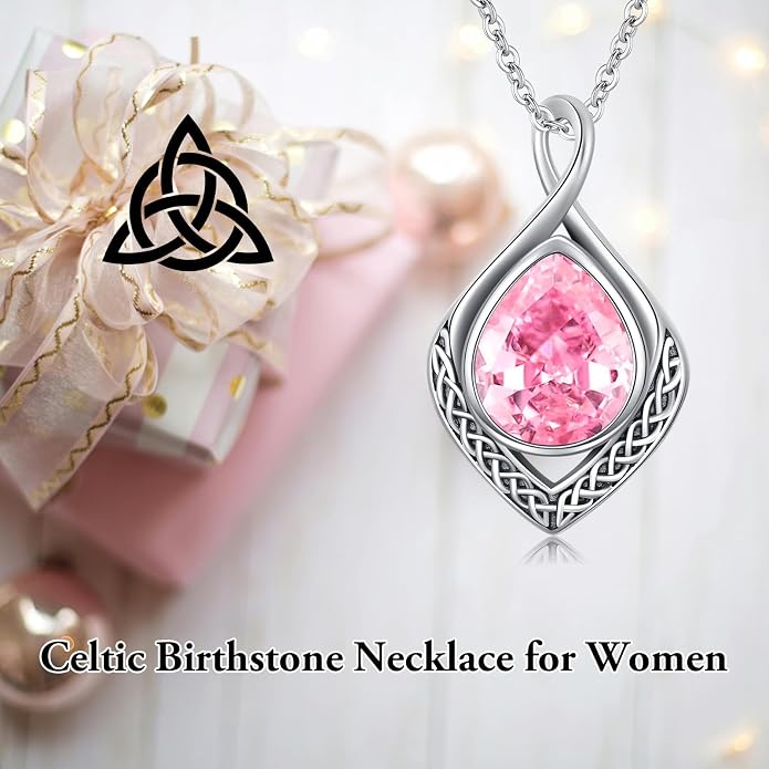 PELOVNY Celtic Knot Necklaces for Women 925 Sterling Silver Gemstone/Birthstone Teardrop Infinity Necklace Irish Celtic Pendant Jewelry Gifts for Mom Daughter Wife
