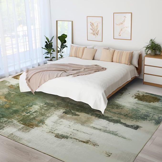 Kelarea Living Room Rug, 10x14 Rug Modern Abstract Washable Rugs, Green Vintage Low Pile Carpet, Non Slip Large Rugs for Bedroom, Dining Room, College Dorm, Home Office