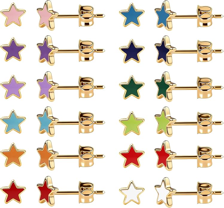 JMLOON 12 Pairs Enamel Flat Back Stud Earrings Surgical Stainless Steel Round Heart Star Square Hexagon Screw Back Stud Earrings