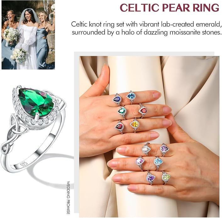DAYBYDAY Celtic Birthstone Rings for Women 925 Sterling Silver Heart/Round/Pear/Oval Created Gemstone Moissanite Halo Engagement Promise Rings for Her Wife Birthday Anniversary Wedding Jewelry