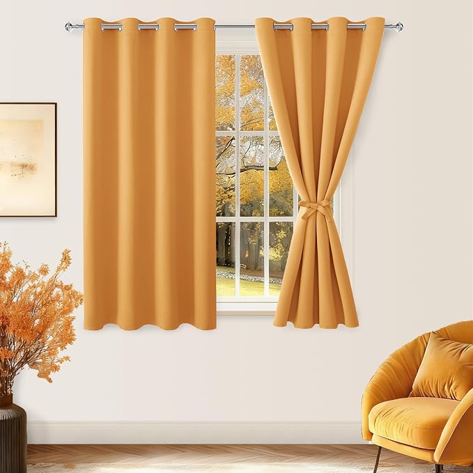 Hiasan Blackout Curtains for Bedroom - Thermal Insulated & Light Blocking Window Curtains for Living Room/Kids Room, 2 Drape Panels Sewn with Tiebacks, Pumpkin Orange, 52 x 45 Inch