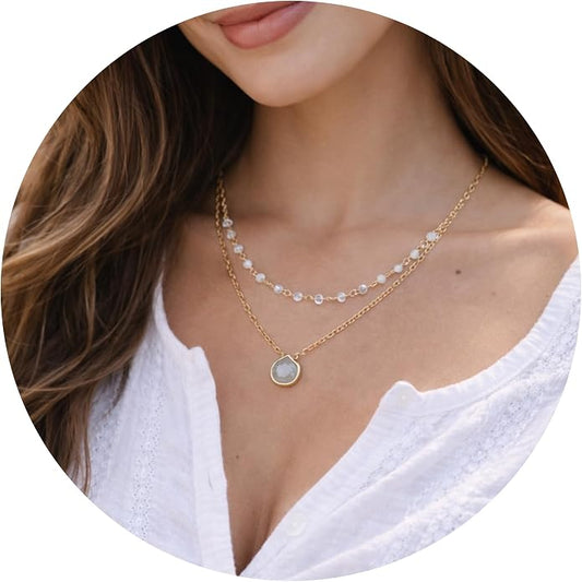 Layering Necklace for Women, Premium Layered Gold Healing Crytsal Necklaces - Tarnish Free 18K Gold Vermeil Certified S925 Classic Stack Necklace Gold Jewelry for Women - Mothers Day Gifts for Mom Wife