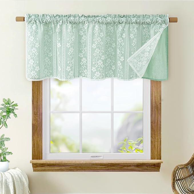 ASPMIZ Linen Farmhouse Kitchen Curtains, Double Layer Valances for Windows with Linen and Lace, Rustic Curtains for Bathroom Window, Cafe Curtain 18 Inch Length Rod Pocket, 52 x 18, Mint Green