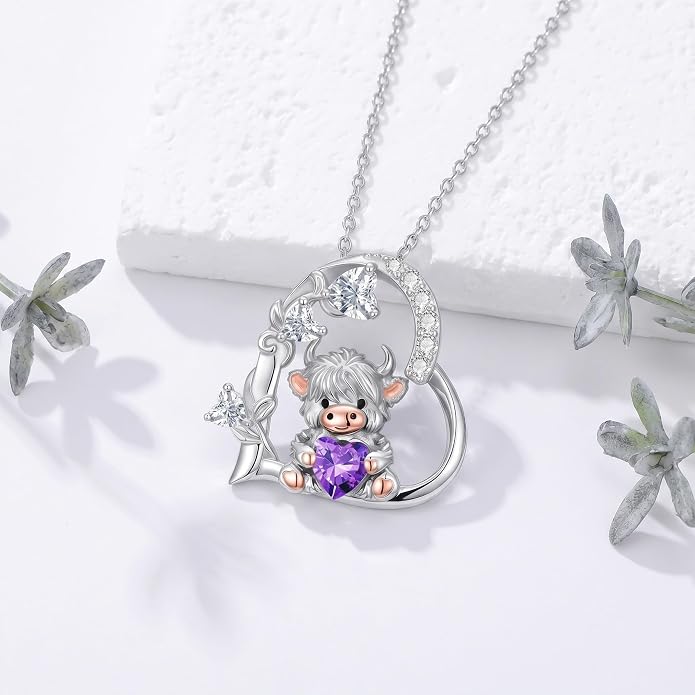 PELOVNY Teddy Bear Necklace for Women 925 Sterling Silver Bear/Highland Cow/Fox/Cat/Axolotl Birthstone Necklace Christmas Birthday Jewelry Gifts for Mom Daughter Wife Sister