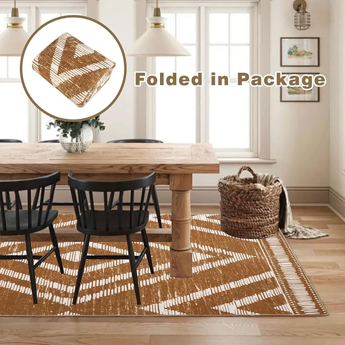 Boho Area Rugs 4x6ft Non Slip, Brown Washable Rug for Living Room, Soft Bedroom Carpet, Low Pile Moroccan Area Floor Carpets for Dining Room Kids Nursery Farmhouse