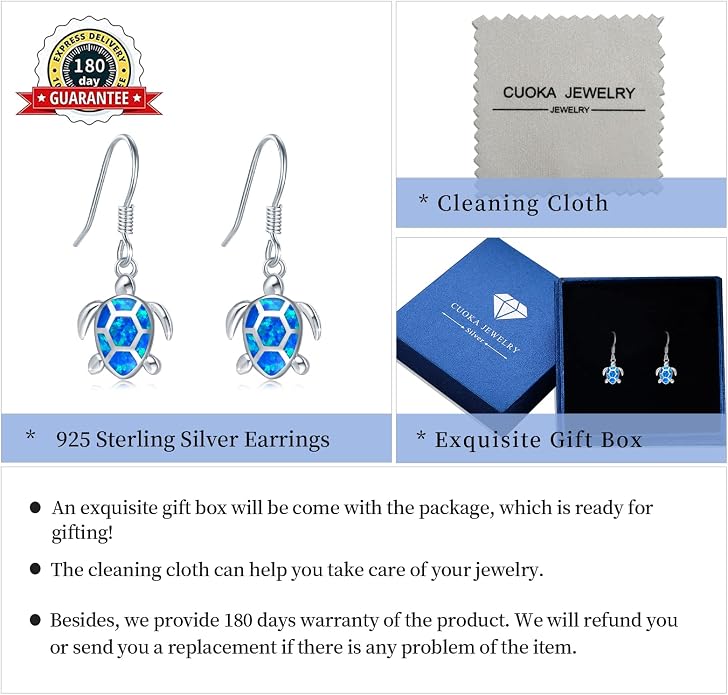 Sea Turtle Earrings,Sterling Silver Hawaiian Beach Themed Stud Earrings Tortoise Animals Drop Dangle Blue Opal Ocean Tarnish Resistant Jewelry Gifts for Women Girlfriend Mom Mother Sister