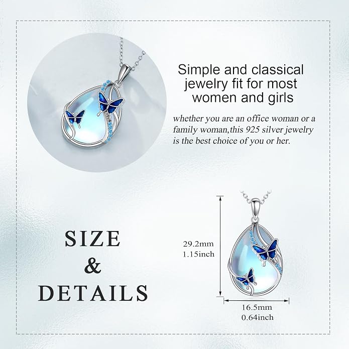 KQF Dragonfly/Butterlfy/Cat/Jellyfish/Bunny/Axolotl/Bee/Mermaid/Hummingbird/Elephant Necklace for Women Sterling Silver Moonstone Pendant Necklace Dragonfly Jewelry Gifts for Women