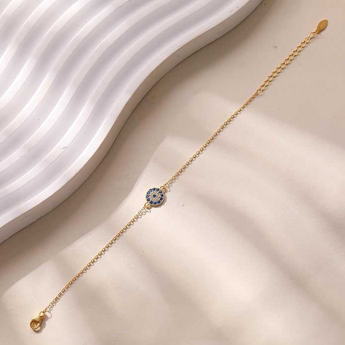 SUYACS Gold Evil Eye Bracelet for Women 925 Sterling Silver Small Blue Cubic Zirconia Eye Link Bracelet Tears of Angels Friendship Charm Chain Bracelet Birthday Jewelry Gifts to Daughter Friends