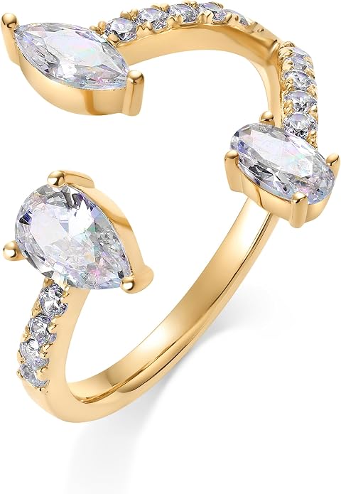 PAVOI 14K Gold Plated Cubic Zirconia Bypass Open Band Stackable Ring for Women | CZ Statement Eternity Rings