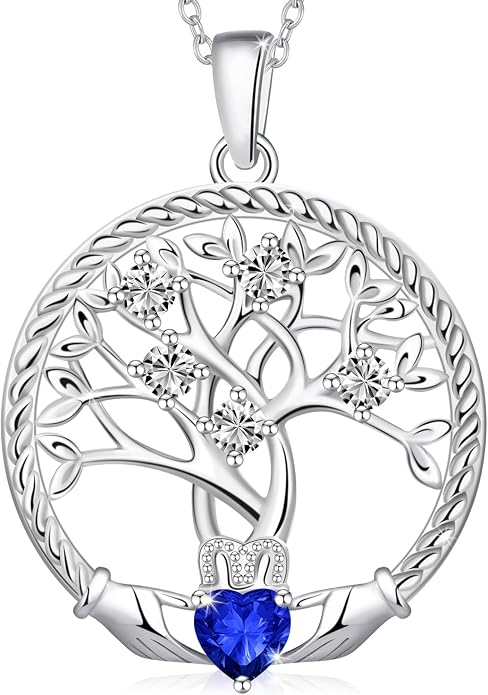 Birthstone Tree of Life Necklace for Women, 925 Sterling Silver Family Tree Pendant, Dainty Jewelry Birthday Mother's Day Valentine's Day Gifts for Her Mom Wife, 18"+2" Adjustable