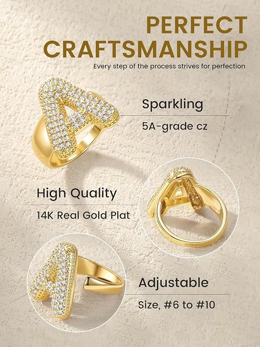 KeyStyle Bold Initial Letter Rings Adjustable, GoldChic Jewelry Women Gold Statement Ring Personalized Engraved Women’s Open Signet Ring for Party (Gold, White Gold, Black)
