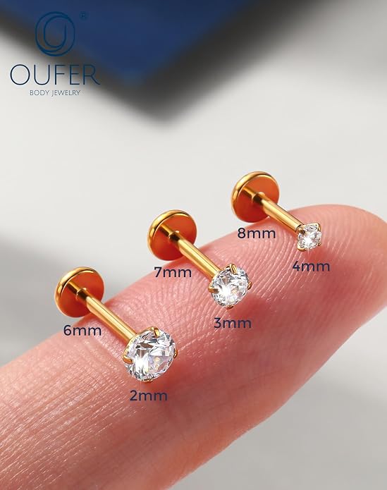 OUFER 18G 6/7/8MM Flat Back Cartilage EarRings-3PCS Gold Titanium Extended Internally Threaded Lip Piercing 2/3/4MM Round Clear CZ Helix Piercing Jewelry