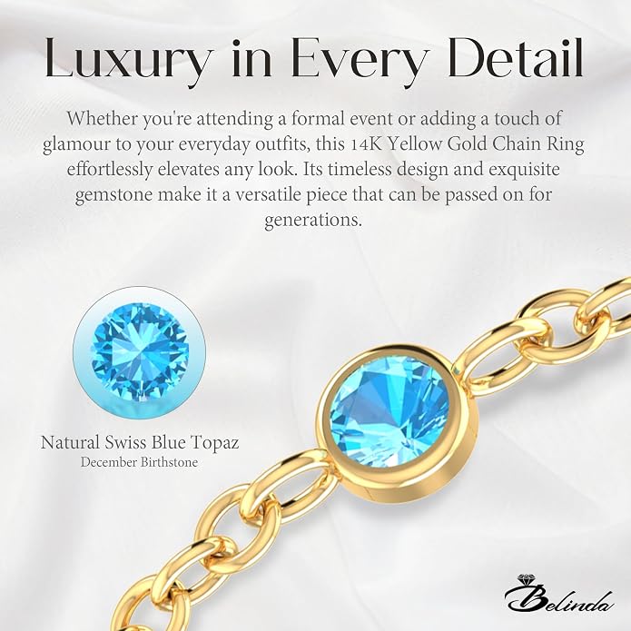 14k Gold Chain Rings for Women with Natural 2.2mm Birthstone, Women's Statement Rings, Chain Rings