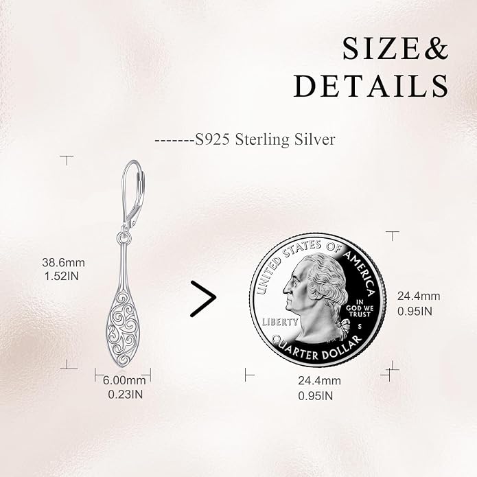 925 Sterling Silver Leverback Earrings Vintage Filigree Dangle Drop Earrings Jewelry Birthday Gifts for Women