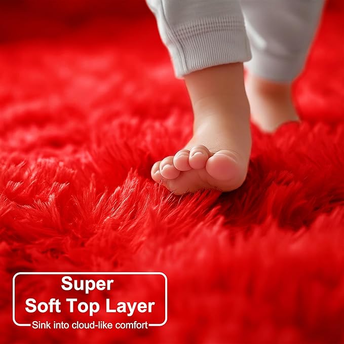 Red Small Round Rug 3Ft for Boys Bedroom, Fluffy Shag Circle Area Rugs for Kids Room Decor Aesthetic, Fuzzy Plush Fur Carpets for Living Room Nursery Dorm Classroom Playroom, Red Christmas Carpet
