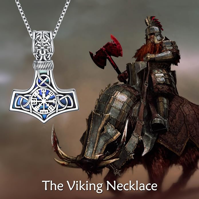 Compass Thor Hammer Necklace Sterling Silver Viking Compass Mjolnir Jewelry Gift for Men