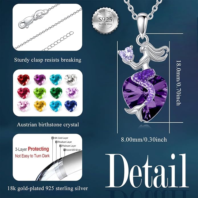 Mermaid Birthstone Necklace for Women 925 Sterling Silver Jewelry Austrian Crystal Pendant Christmas Gifts for Her