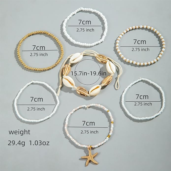 Boho Beaded Shell Anklet Bracelets for Women, 7 Pcs Layered Cowrie Shell & Colorful Beaded Ankle Bracelets with Gold Starfish Charm, Adjustable Summer Beach Foot Jewelry Gifts