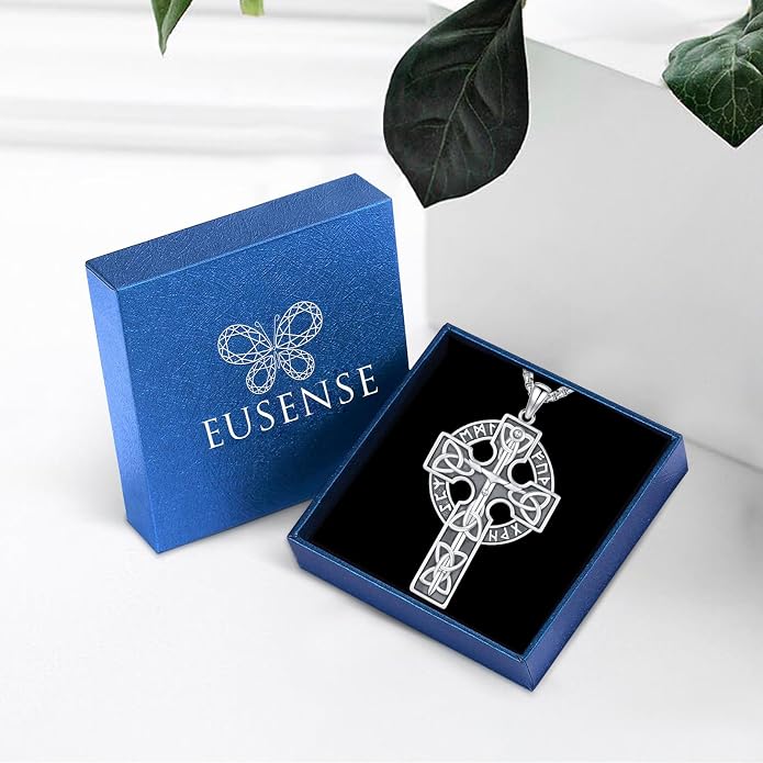 Eusense Viking Jewelry for Men Women Sterling Silver 925 Mjolnir Thors Hammer Pendant Celtic Cross Necklace Wolf Odin Raven Freya Goddess Norse Pagan Compass Vegvisir Yggdrasil Nordic Viking Necklaces Gifts