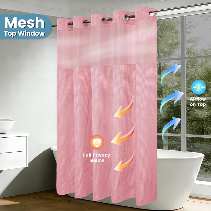 EUTXL 256GSM Heavyweight Shower Curtain with Liner - Waffle Textured Heavy Duty Shower Curtains for Bathroom,71W x 74H,Pink