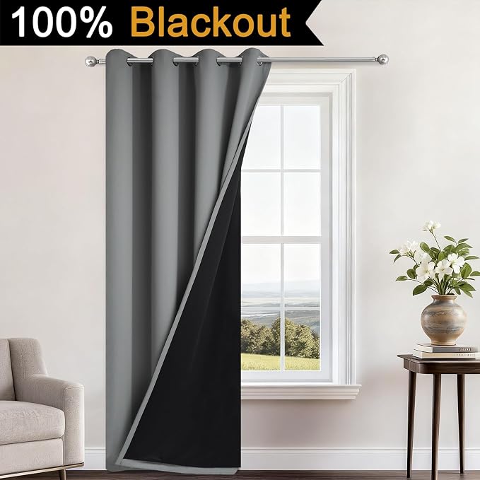 Yakamok Grey 100% Blackout Patio Door Curtain Panels W70x L84, 1 Panel | Noise Reducing Barrier Panel for Sliding Glass Door, 2 Thick Layers Heat Full Light Blocking Patio Door Drapery