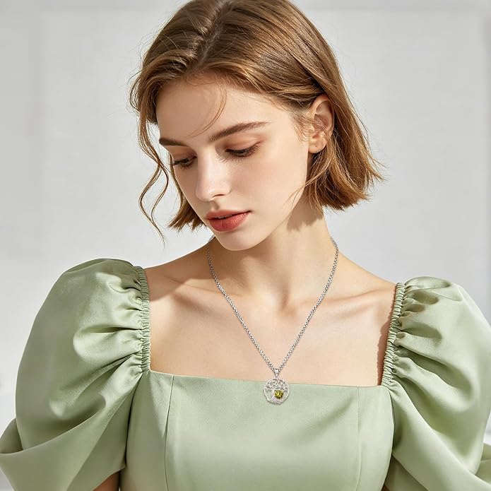 Birthstone Tree of Life Necklace for Women Heart Crystal Pendant Silver Plated Birthday Anniversary Jewelry for Wife, Mom, and Her