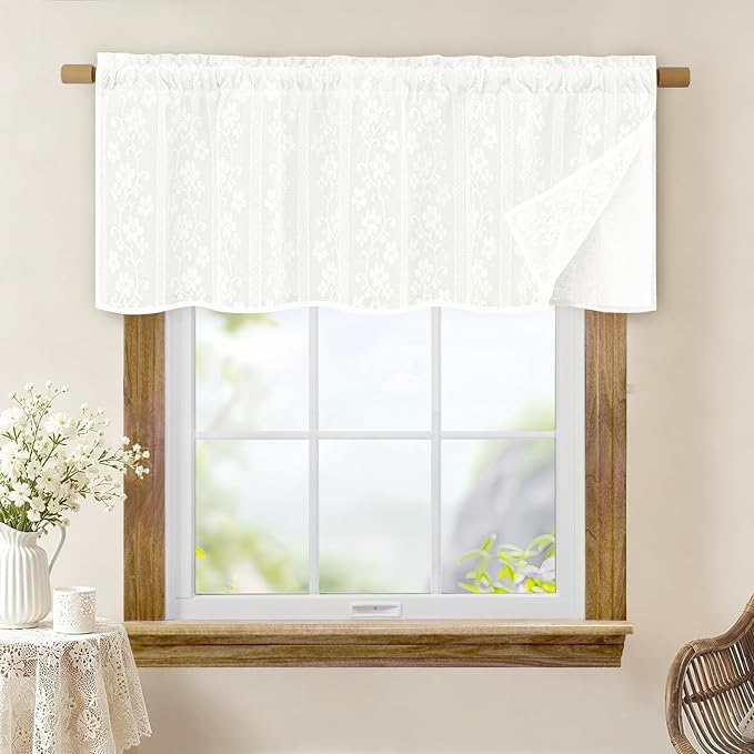 ASPMIZ Linen Valances for Windows Double Layer Valance Curtains with Lace Overlay, White Kitchen Curtains Light Filtering, Rod Pocket Window Valances for Living Room, Kitchen, Cafe, Bathroom, 52x18
