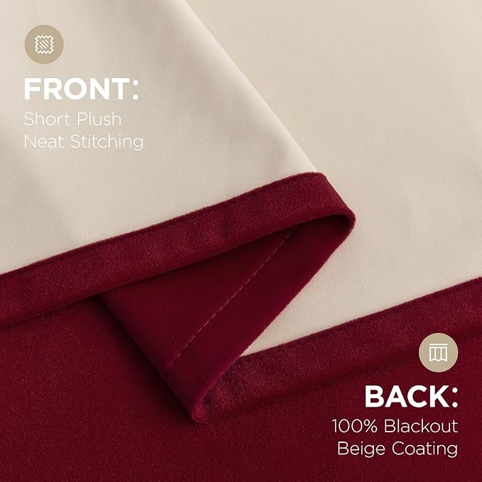 Joydeco 100% Blackout Velvet Curtains Red 102 Inch Back Tab | Luxury Thermal Insulated Velvet Curtains for Bedroom Living Room, Soundproof Blackout Window Drapes